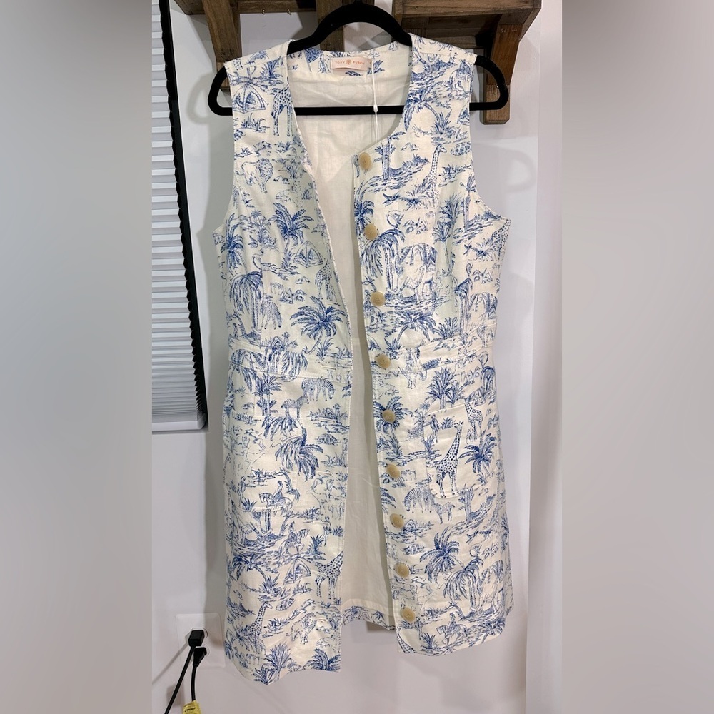 NWT Tory Burch Safari Printed Linen Shift Dress Ivory & Blue 10 - Picture 12 of 16